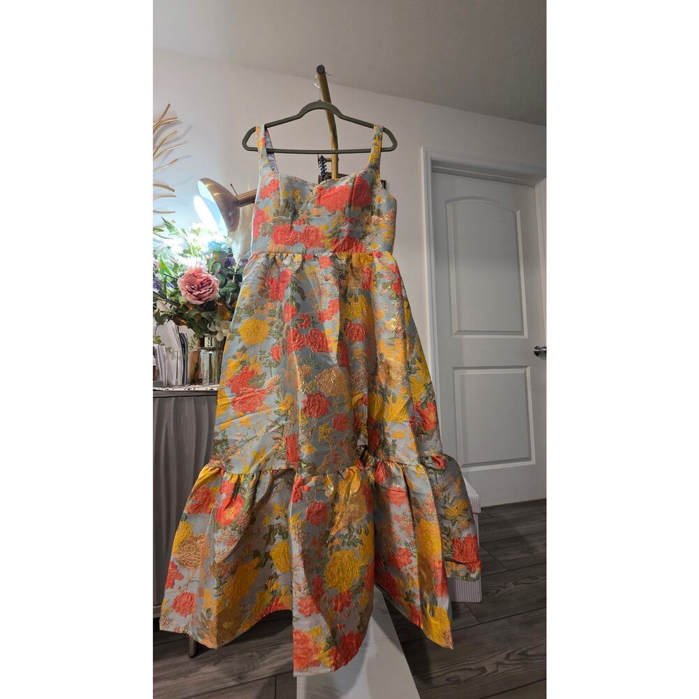 Mac Duggal Floral Brocade Maxi Dress in Coral, Yellow and Gray-Blue - Picture 6 of 8